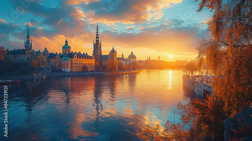 Stockholm, Sweden europe city in golden hour created with Generative AI technology
