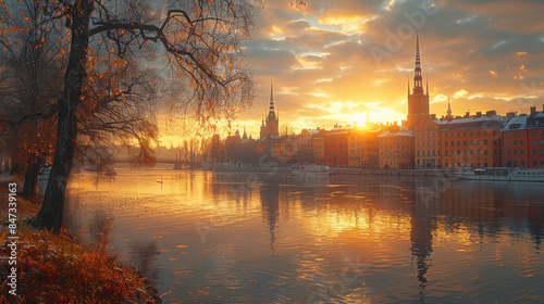 Stockholm, Sweden europe city in golden hour created with Generative AI technology