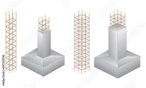 Set of steel column foundation in reinforced concrete block. 3D Illustration