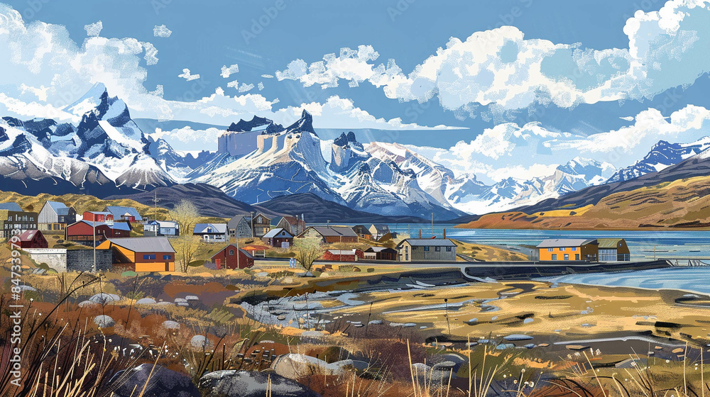 Illustration of Argentine Patagonia region. Travel Destination in South America 
