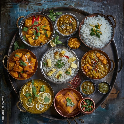A close-up of a tray filled with different Indian curries, rice, and sides