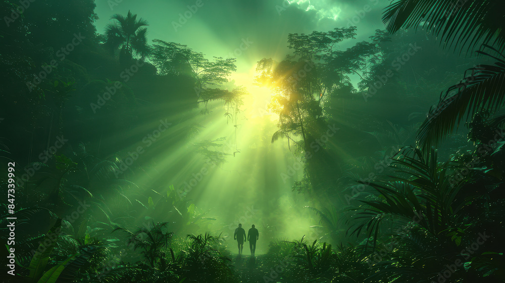 people traveling in the rain forest created with Generative AI technology people traveling in the rain forest created with Generative AI technology