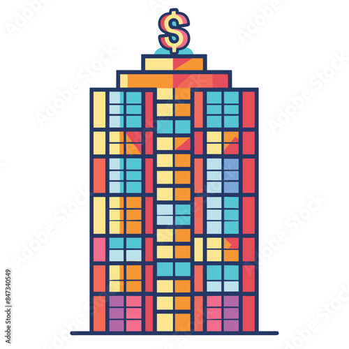 Colorful modern skyscraper building topped dollar sign symbolizing commerce, finance, banking headquarters. Flat style highrise architecture vibrant hues representing economic growth, corporate
