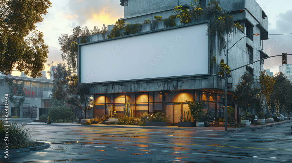 Urban billboard mockup mounted on a concrete wall in a city environment created with Generative AI technology Urban billboard mockup mounted on a concrete wall in a city environment created with Generative AI technology
