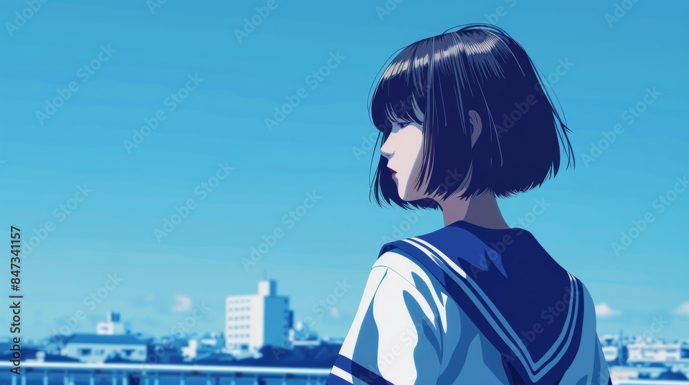 Anime Girl in Sailor Uniform Looking into Distance