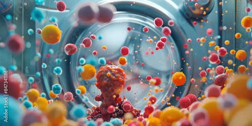 Colorful detergent capsules in a washing machine. Macro shot photo