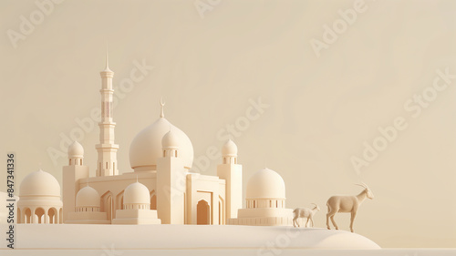 Dimensional Eid Celebration: 3D Rendering of a Mosque and Goat, Offering a Distinctive Eid Al-Adha Background