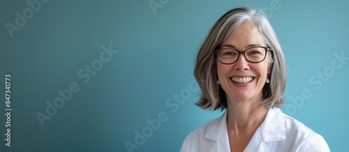 middle aged grey haired woman with glasses and copyspace on a blue background