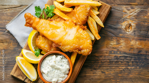 Fast food fish and chips served with a side of tartar sauce and lemon wedges, presented on a rustic wooden board