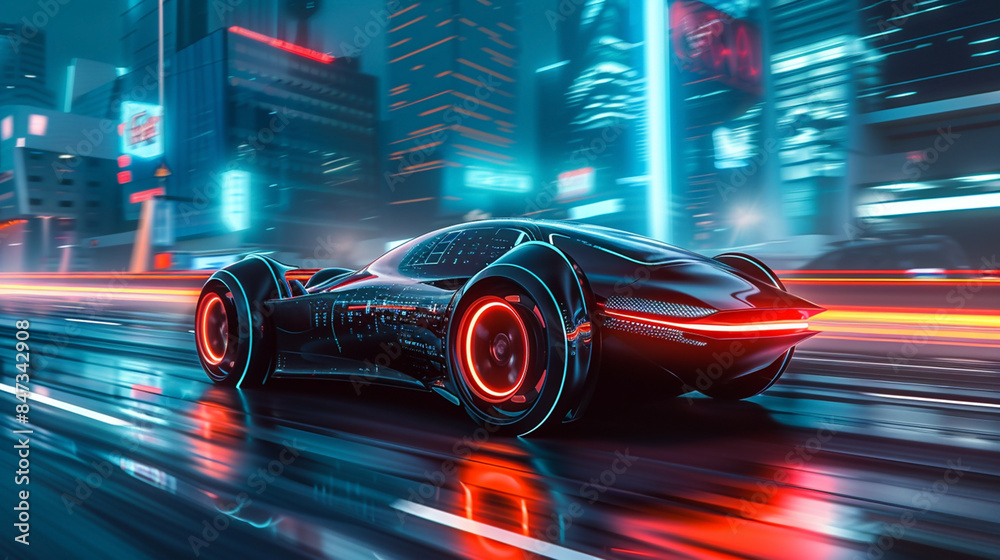 modern futuristic concept design, super car illustration 3D drive on a highway with neon light effects in an urban environment modern futuristic concept design, super car illustration 3D drive on a highway with neon light effects in an urban environment
