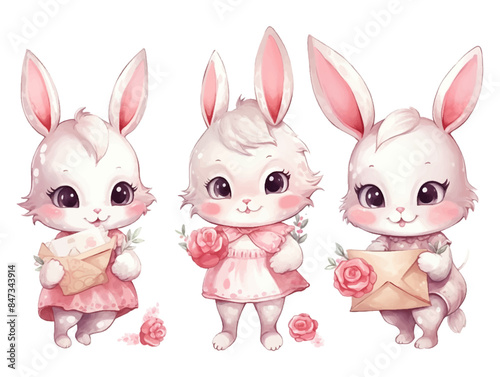 Watercolor cute bunny with love elements set, heart balloons, love, tie, love envelope, smile face