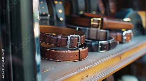 Brown leather belts with metal buckles displayed on a wooden shelf. photo