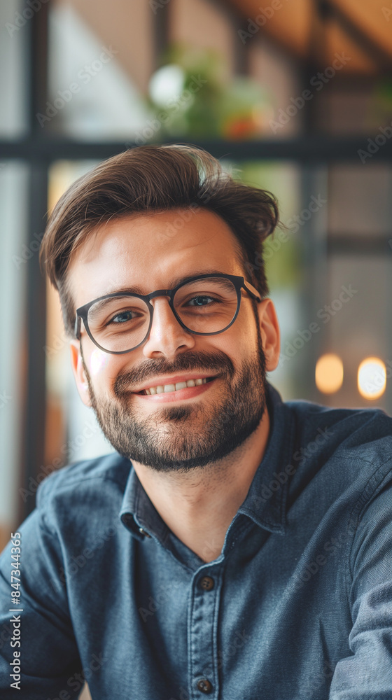 Smiling man with glasses in casual shirt in a modern setting Smiling man with glasses in casual shirt in a modern setting