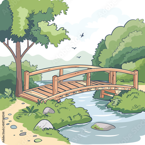 Wooden bridge over calm river  serene landscape  lush trees. Scenic countryside view  tranquil nature scene  outdoor escape. Peaceful park  relaxing environment  leisure walk  sunny day
