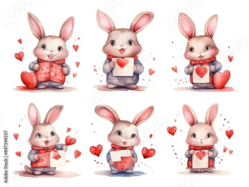 Watercolor valentines day love rabbit couple, hand drawn watercolor illustration for greeting card or invitation design