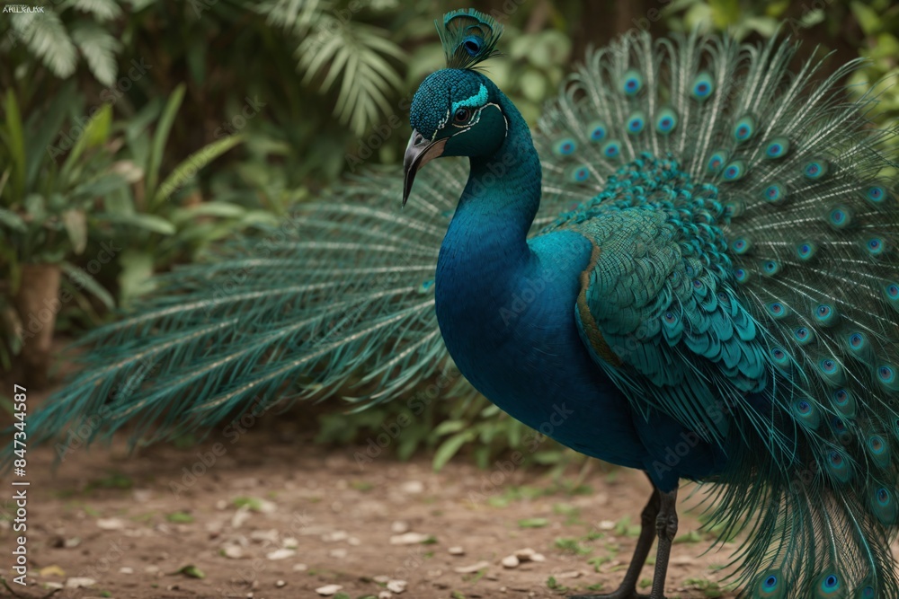 Fototapeta premium A vibrant peacock with its colorful feathers fanned out in a park