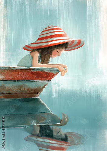 Vertical Watercolor Illustration: Girl on Boat in Water
