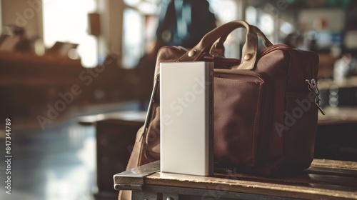 Leather travel bag with electronic device on table. Travel and technology concept