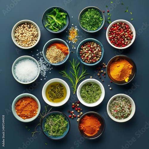 Wallpaper Mural A variety of colorful spices and herbs in small bowls on a dark background Torontodigital.ca