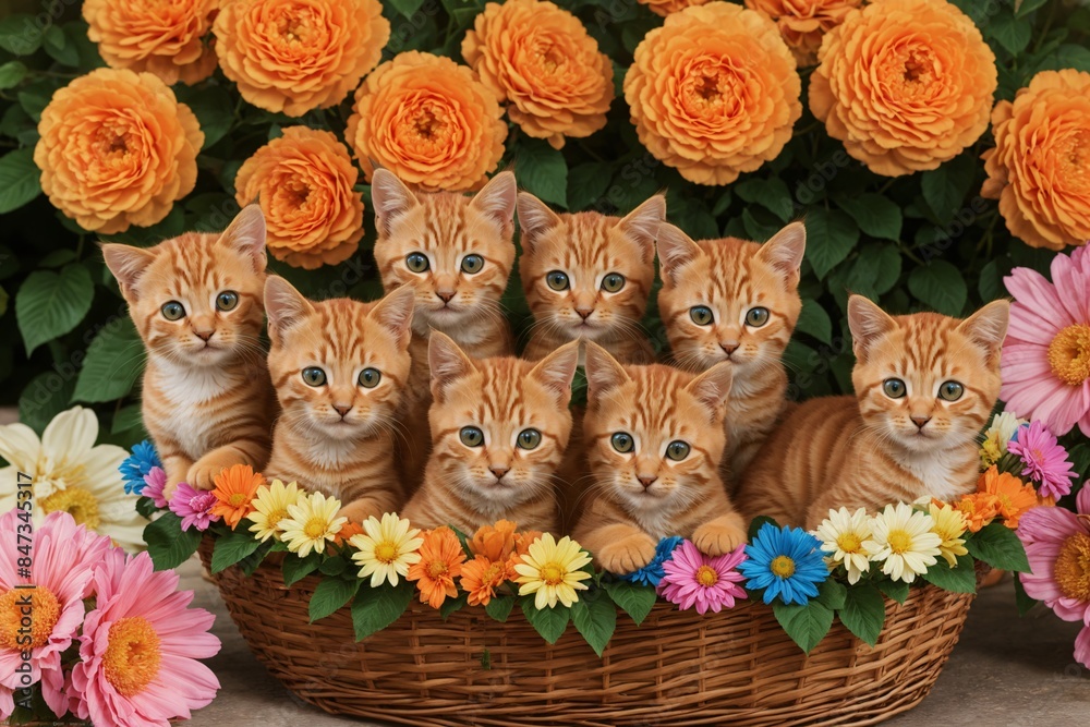 Fototapeta premium Tangerine tabby kittens in a flower basket