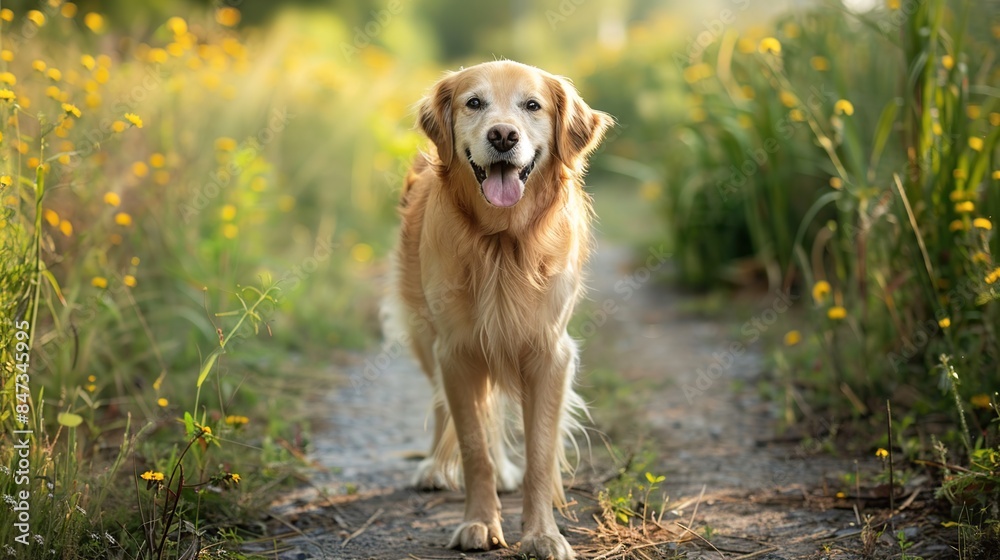 Golden Retriever on a Path Through the Meadow Golden Retriever on a Path Through the Meadow