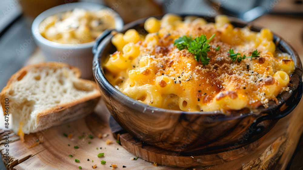 Fast food mac and cheese served with a side of garlic bread, presented on a rustic wooden board Fast food mac and cheese served with a side of garlic bread, presented on a rustic wooden board