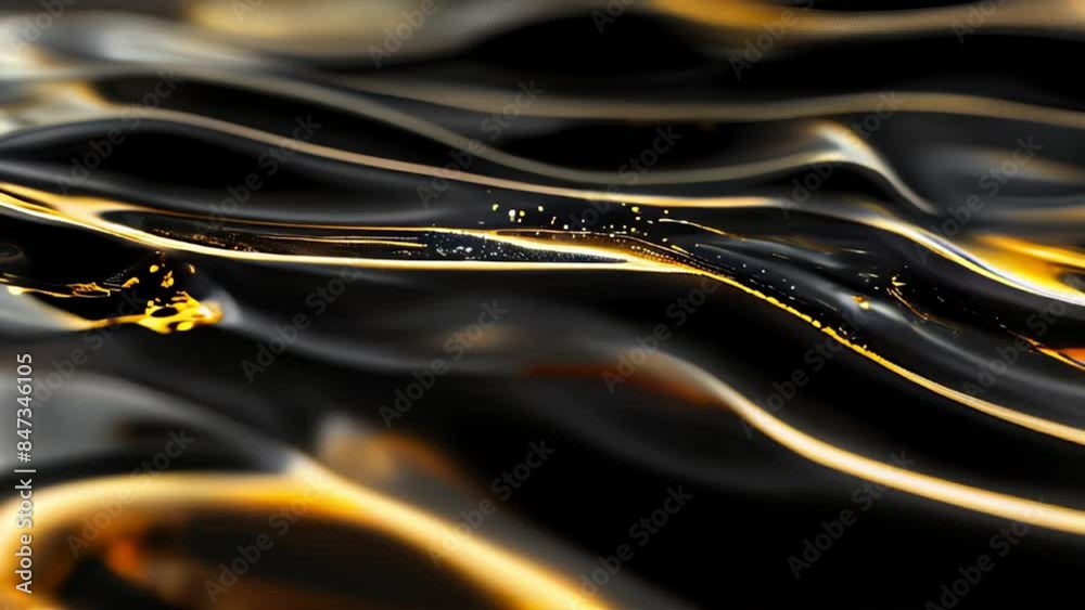 Abstract liquid waves with gold highlights and black background for ...