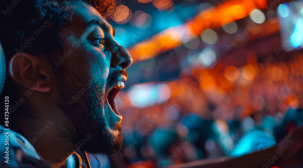 A man is screaming in a crowd of people, football fans at the championship or cup A man is screaming in a crowd of people, football fans at the championship or cup