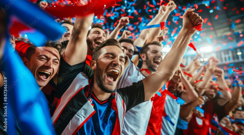 A group of people are celebrating with confetti and red and blue ribbons, football fans at the championship or cup A group of people are celebrating with confetti and red and blue ribbons, football fans at the championship or cup