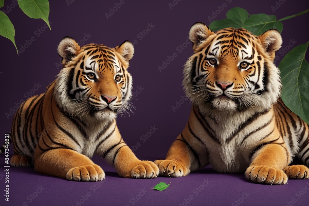 Obraz premium A charming tiger cub with a leaf on a purple background