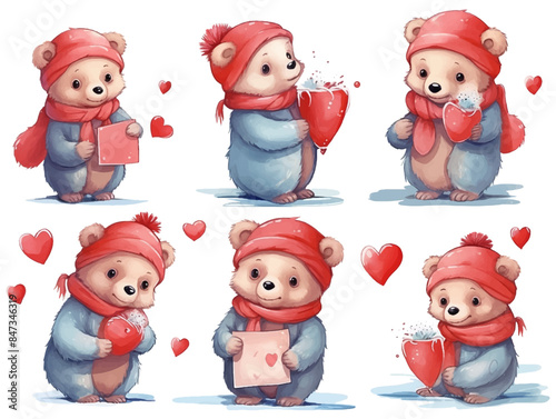 Watercolor valentines day love polar bear couple, hand drawn watercolor illustration for greeting card or invitation design