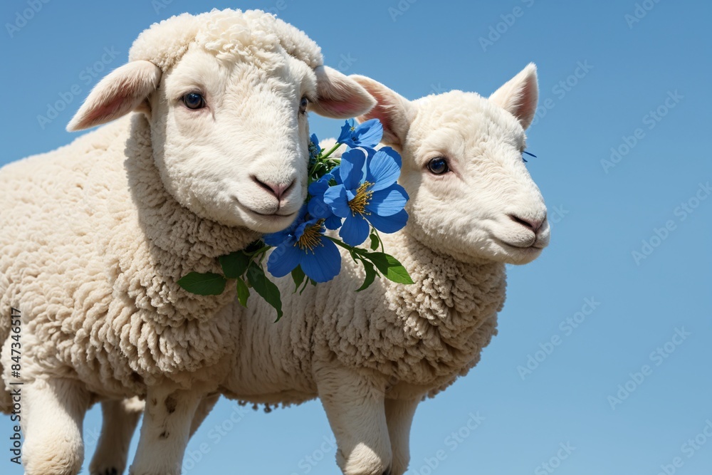 Obraz premium A happy lamb with a flower on a blue background