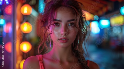 Young woman's face highlighted by the colorful neon lights of a vibrant cityscape