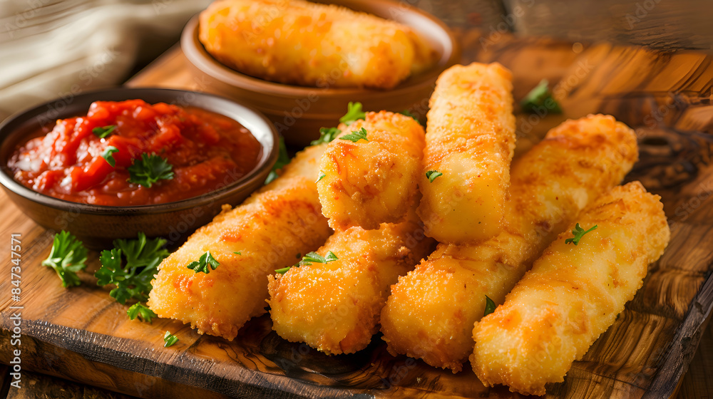 Fast food mozzarella sticks served with a side of marinara sauce, presented on a rustic wooden board Fast food mozzarella sticks served with a side of marinara sauce, presented on a rustic wooden board