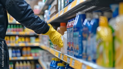 Person wearing yellow gloves selecting cleaning products on a supermarket shelf.