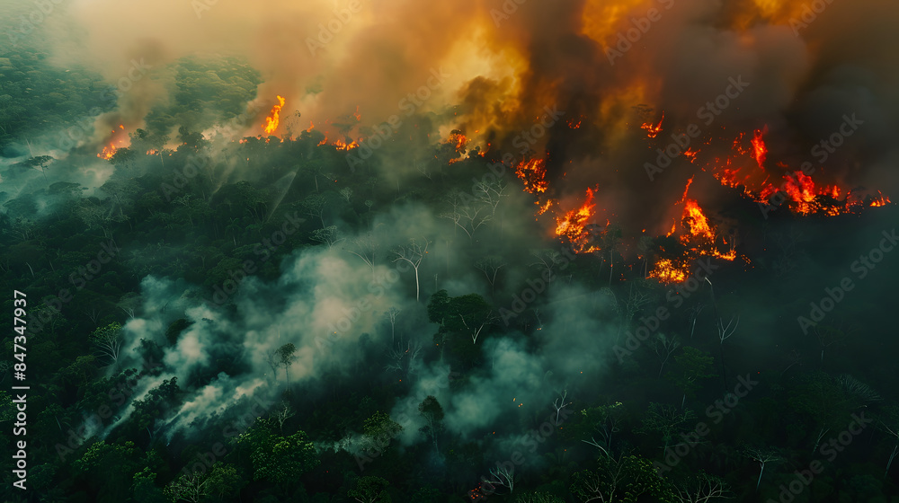 custom made wallpaper toronto digitalAerial shot of a raging forest fire. The vast expanse of the forest is engulfed in flames, with fire lines spreading rapidly through the dense trees. Thick plumes of smoke rise high into the sky, crea