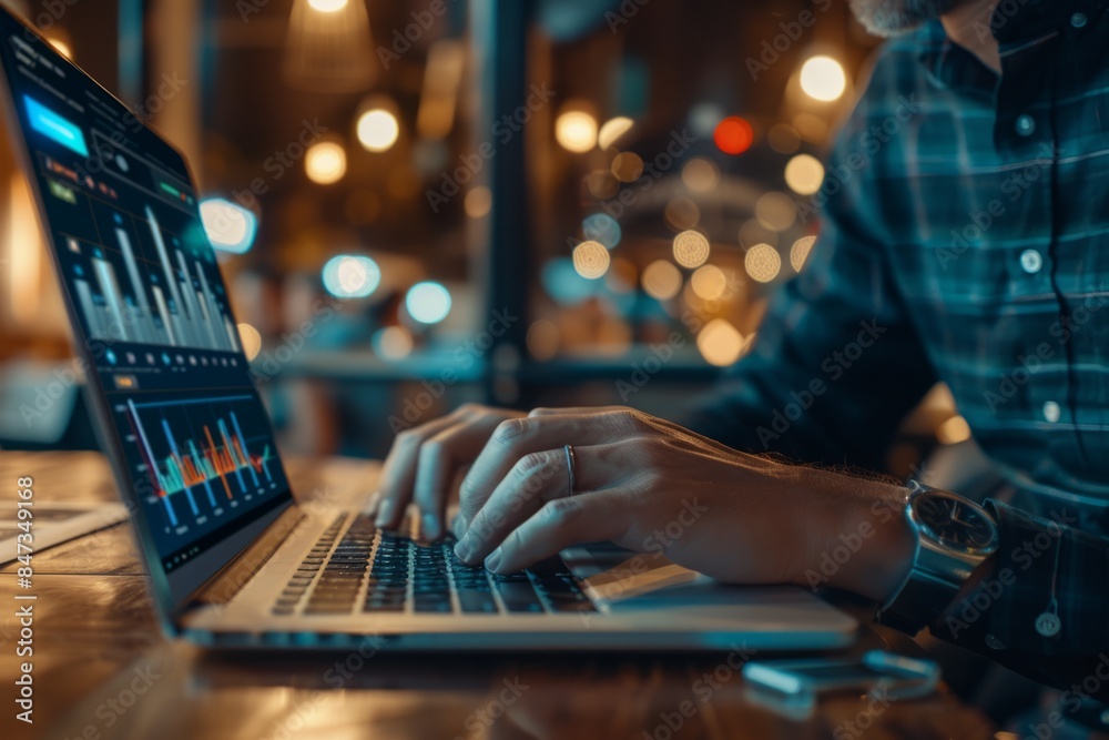 Analyzing Data on Laptop in Dimly Lit Office Analyzing Data on Laptop in Dimly Lit Office