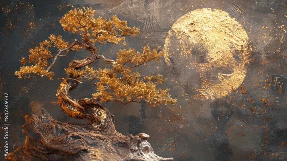 Fototapeta premium Golden Bonsai with Abstract Gold Moon