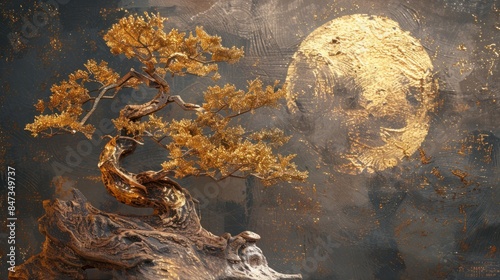 Golden Bonsai with Abstract Gold Moon photo