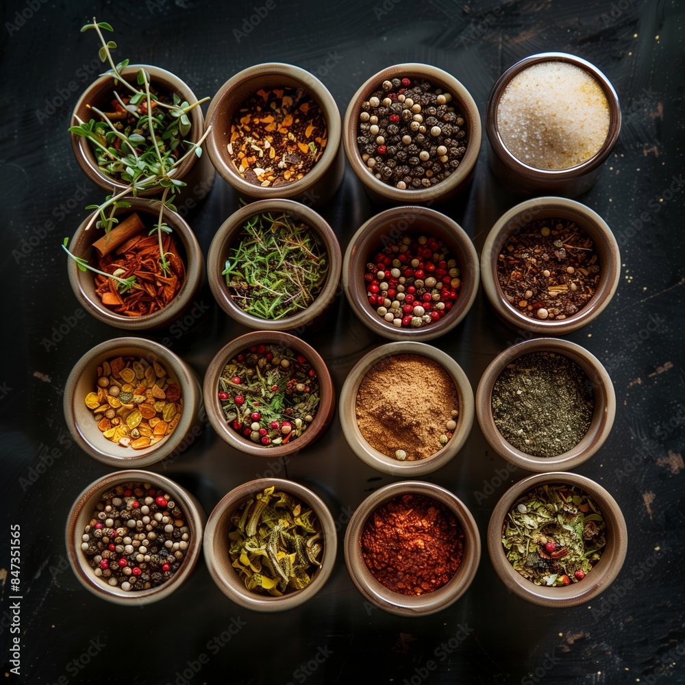 A top-down view of various spices arranged in small bowls on a dark surface A top-down view of various spices arranged in small bowls on a dark surface