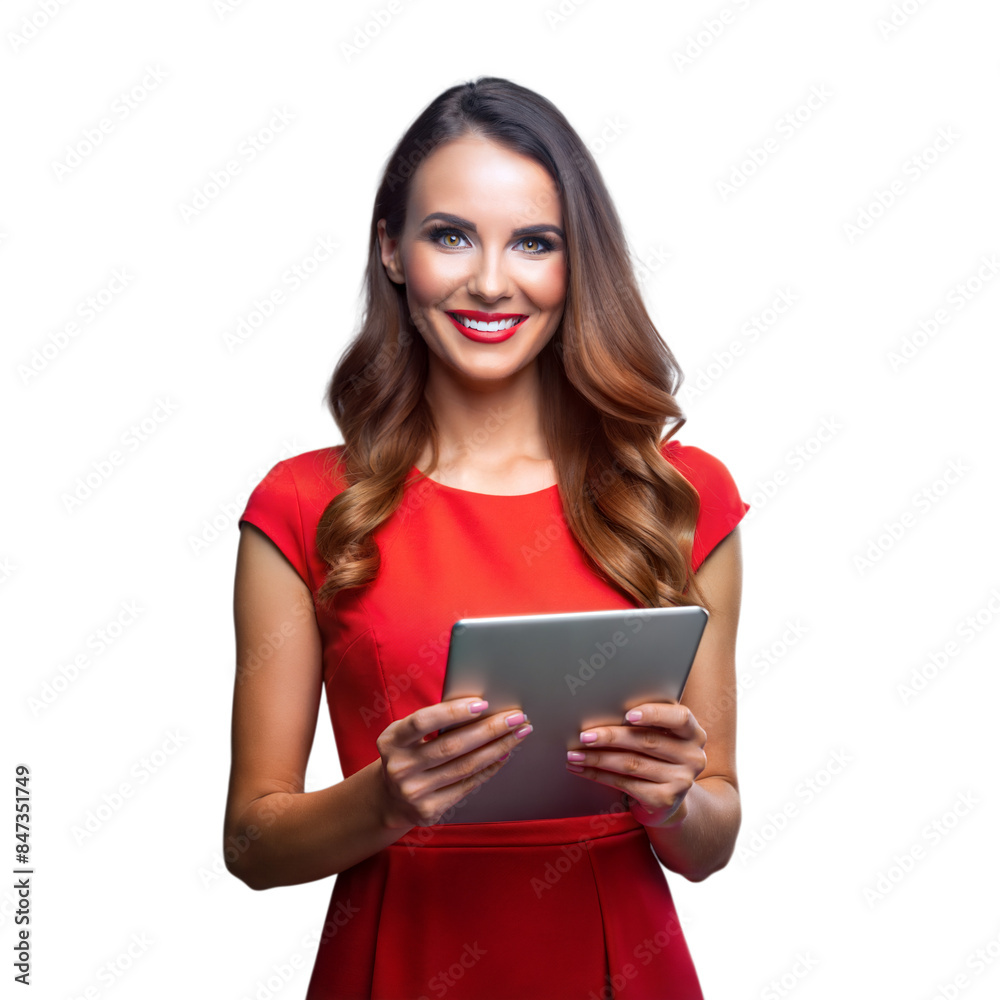 Smiling woman holding a tablet on transparent background Smiling woman holding a tablet on transparent background