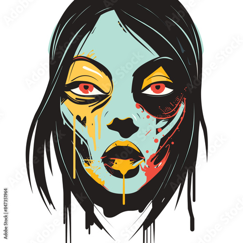 Zombie woman portrait vector illustration horror fantasy. Undead female character design colorful abstract makeup Halloween. Creepy haunted face splattered blood spooky artistic graphic