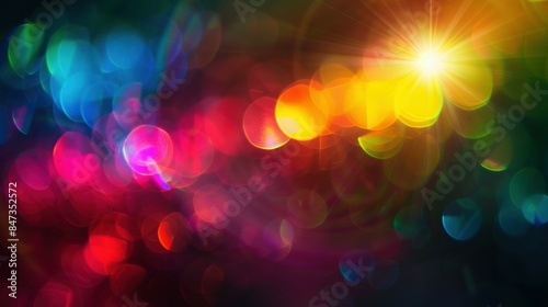 Retro Film Lens Flare with Rainbow Crystal Light Leaks: Defocused Multicolored Blur on Black Background