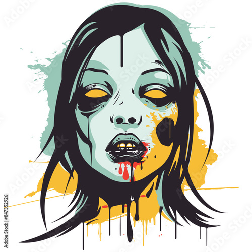 Female zombie face illustration bleeding mouth creepy expression. Artistic zombie portrait graphic splattered background. Grunge style zombie head artwork, horror themed