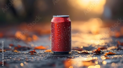 A can of soda is sitting on the ground, with raindrops on it