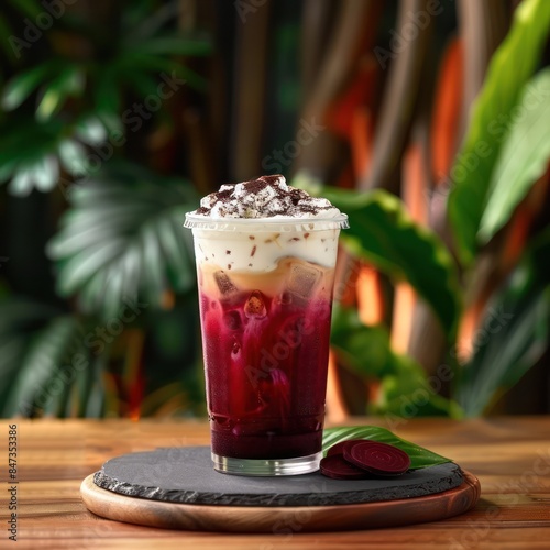 single cup of iced beetroot cold brew with photo