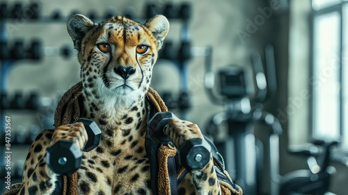 A muscular cheetah in a weightlifting outfit is posing in a gym. photo