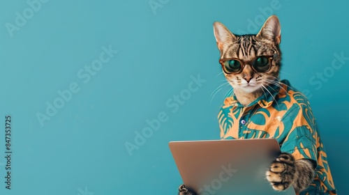 Cool cat in sunglasses and hawaiian shirt using laptop.