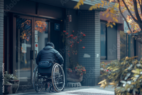 person using a wheelchair ramp to enter a building photo