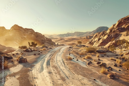 two ways of roads in desert, another road nobody, hyper realistic, high contrast